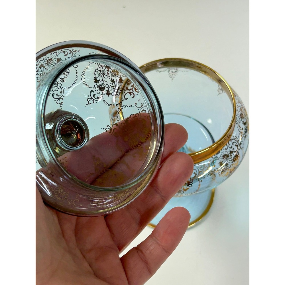 Vtg Blue Czech Bohemian Glass Gold Handpainted Floral Trim Apothecary Candy Dish - Picture 5 of 6